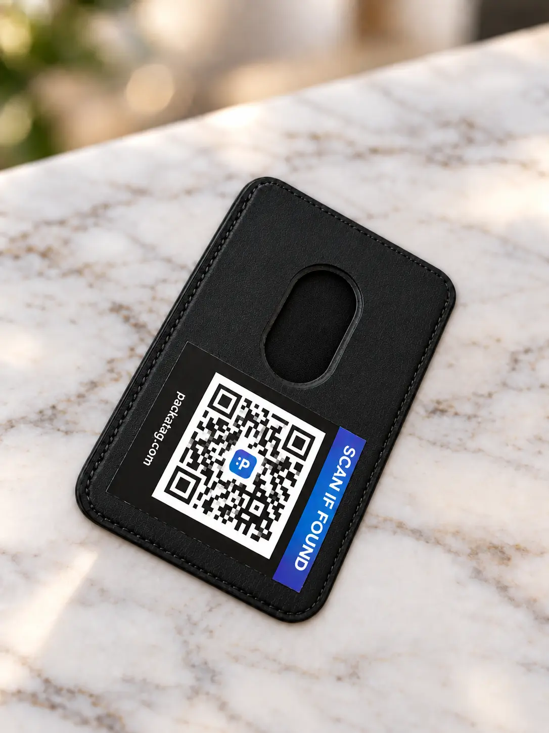 PackaTag QR recovery sticker attached to a wallet